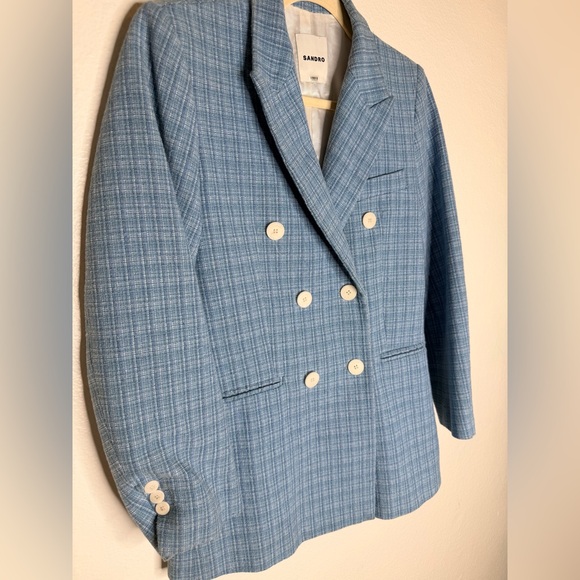 SANDRO Paris Blue Tweed Double Breasted Blazer Size 36 US 4/Small - Picture 8 of 16